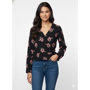 OLD NAVY BLACK FLORAL PRINT FAUX WRAP CASUAL OFFICE CAREER EVERYDAY WEAR BLOUSE
